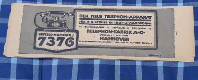 Originale uralte Werbung der Fa. Telefon - Fabrik AG Hannover vorm.  J. BERLINER