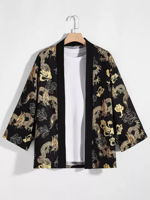 Men Chinese Dragon Full Print Kimono Japanese Long Sleeve Silky Shirt