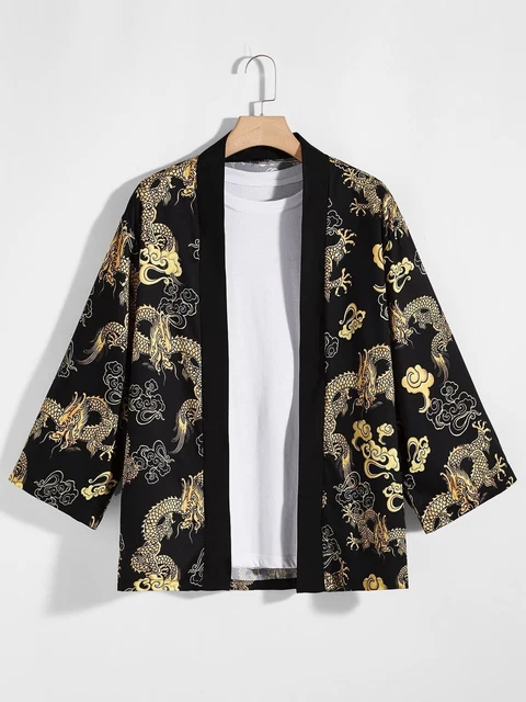 Men Chinese Dragon Full Print Kimono Japanese Long Sleeve Silky Shirt