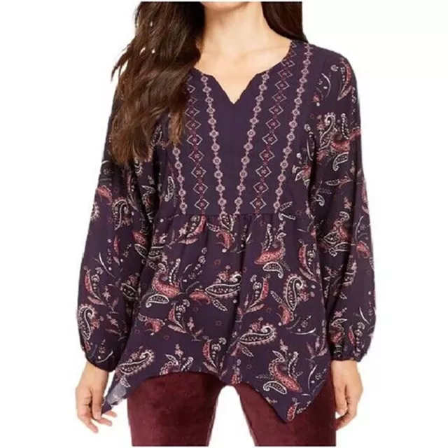 Style & Co Women Purple Paisley Long Sleeve Handkerchief Hem Tunic Top Plus Size