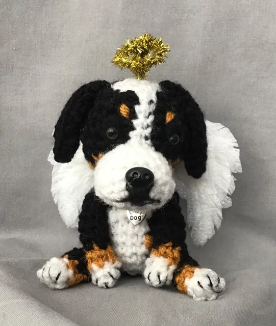 Bernese Mountain Dog Amigurumi Miniature Crochet Angel With Halo Sitting  Dog