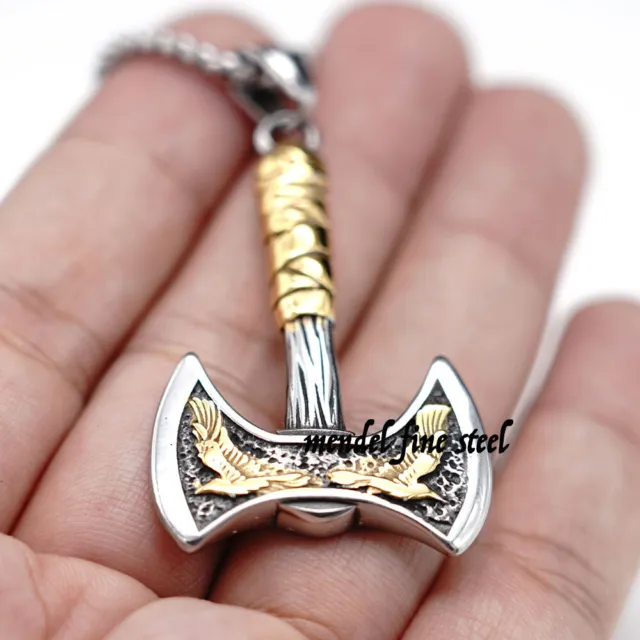 MENDEL Mens Gold Plated Nordic Viking Raven Axe Pendant Necklace Stainless Steel 2