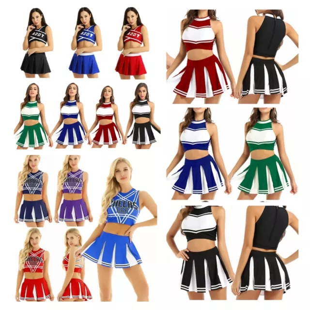 Ensemble Uniforme Costume Pom-Pom Girl Cheerleader Haut avec Mini Jupe Plissé