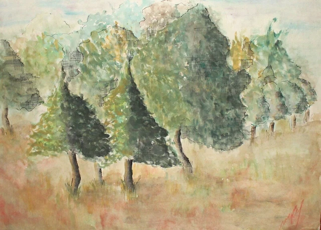 Tableau Aquarelle Originale Romney Marsh Par Hodgkinson, 1946 - Paysage Impressionniste Signé
