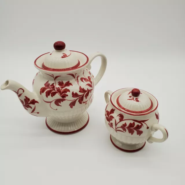 Andrea by Sadek Cranberry Red Tea Leaf Pedestal Teapot and Sugar Bowl