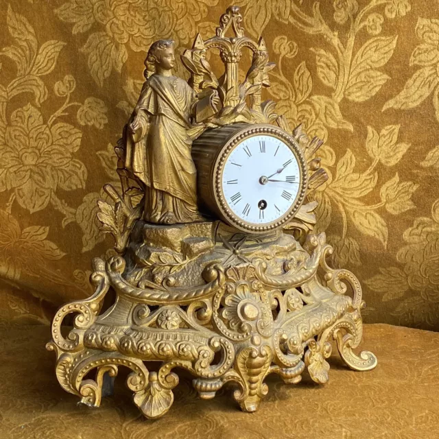 Antique Working French Figural Brass Style Gilt Mantle Clock Gold Ormolu 1890s