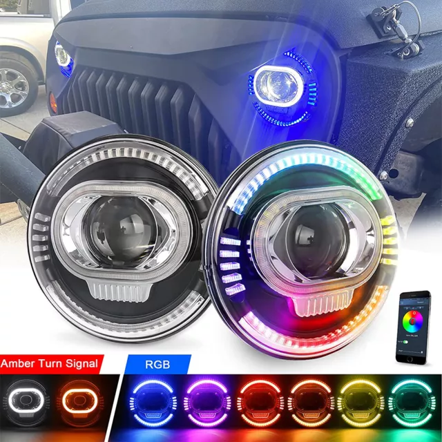 7" Inch LED Headlights RGB Halo Ring DRL Turn Signal For Jeep Wrangler JK LJ TJ