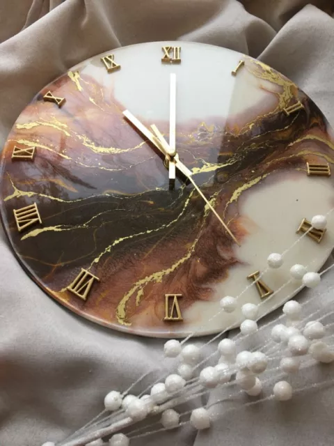 Resin Wall Clock for Home Decor Brown and Golden Abstract modern design