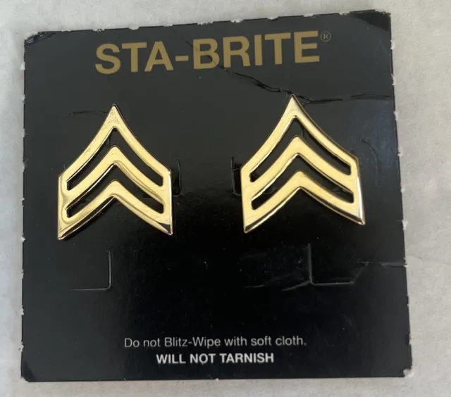 New/NOS IRA GREEN STA-BRITE Gold Tone Sergeant Chevrons Collar Pins Clutch Back