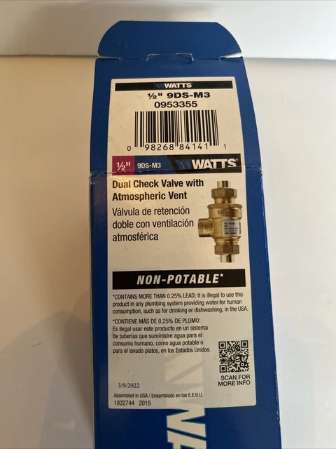 Watts dual check valve with atmospheric vent 1/2 inch 9DS-M3