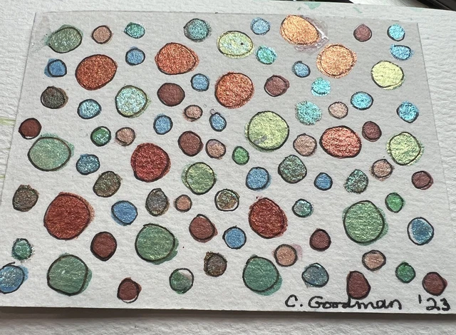 Original Watercolor Painting ACEO. Art Card. Abstract circles. Dots. Metallic.