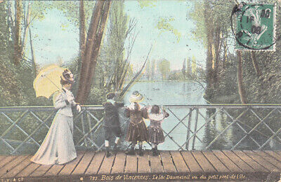 Carte postale ancienne PARIS Bois de Vincennes lac Daumesnil couleurs timb. 1908