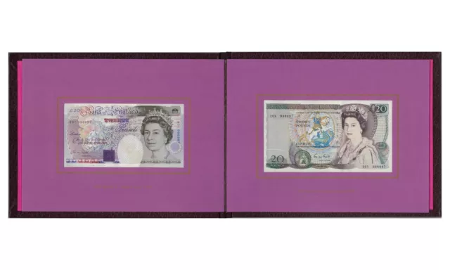 UK Pair of 20 Pounds Banknotes First & Last Prefix W/ Matching Numbers in Folder