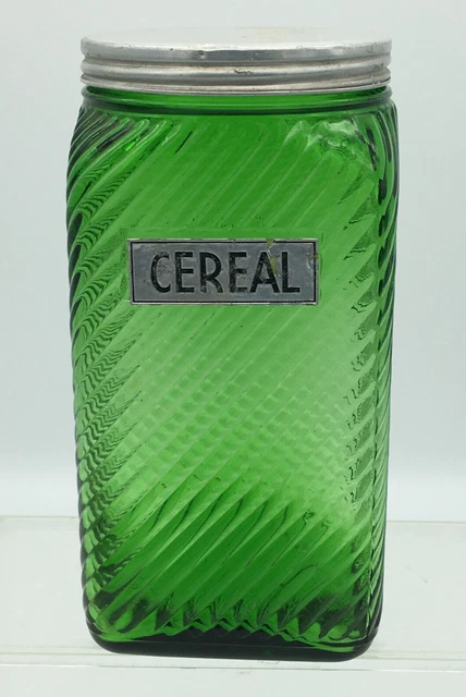 Owens Illinois Green Glass Hoosier Cabinet Cereal Jar Canister Lid Diagonal Rib