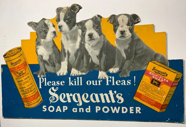 1926 Sergeant’s Dog Cat Flea soap Powder cardboard sign diecut Richmond Virginia