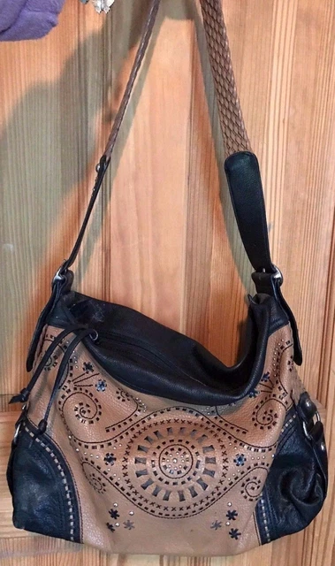 BRIGHTON MONTREAL Hand Stitched Flowered SPRING 2 Toned Western Lg. SHOULDER BAG