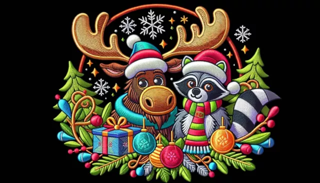 Moose & Raccoon Christmas Patch Iron-on  Applique Wild Animals Badge Craft