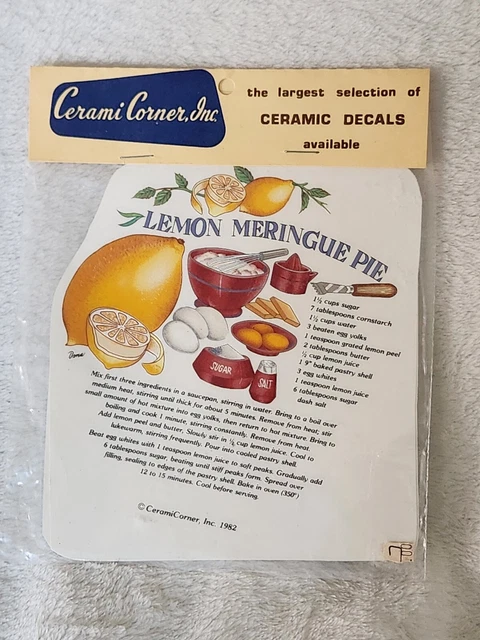 Calcomanías de cerámica vintage 1 pieza con 2 calcomanías receta de pastel de merengue limón 1982