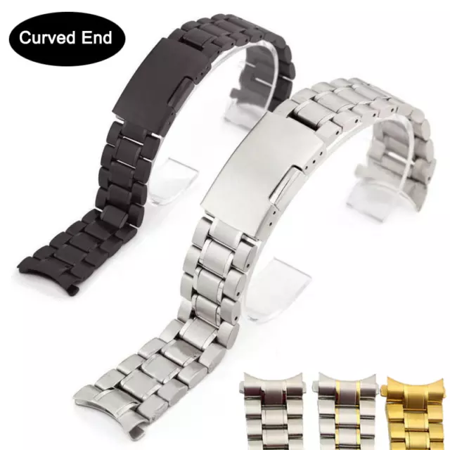 Stainless Steel Solid Links Watch Band Strap Bracelet Curved End 18 20 22 24mm