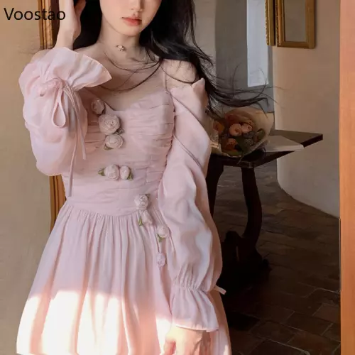 French Sweet Lolita  Dress Women Elegant Floral Off Shoulder Long Sleeve Chiffon