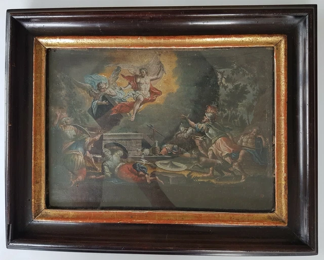 Rarität Barocker Öl Gouachierter Kupferstich Auferstehung Christi Rahmen 18. Jhd