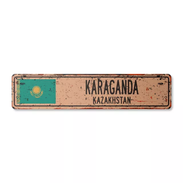 KARAGANDA KAZAKHSTAN Vintage Street Sign Kazakhstani flag city country rustic