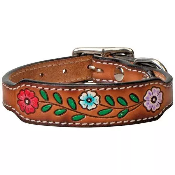 STG Genuine Leather Brown Floral Tooled Dog Collar For All Breed Unisex Dog