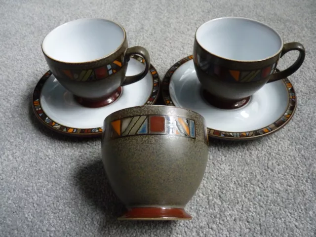 Denby Stoneware Marrakesh Pattern 2 x Tea Cups & Saucers plus SUGAR BOWL