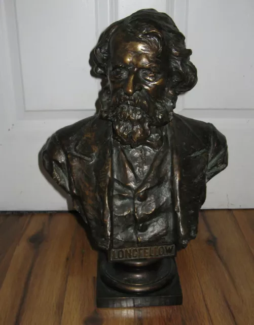 Antique Signed Hans H Muller LONGFELLOW Bronze Bust 19" Sculpture Statue Rare