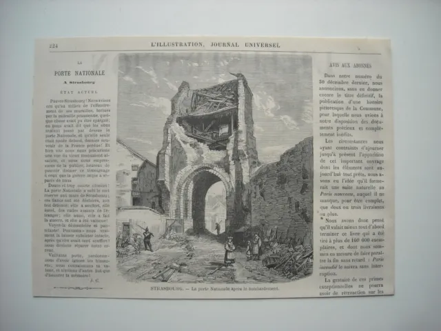 Gravure 1872. La Porte Nationale A Strasbourg. Apres Bombardement Des Prussiens.