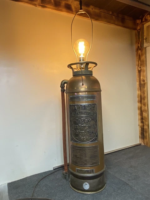 RARE ANTIQUE &BADGER'S& Copper Brass Fire Extinguisher Lamp Santa Fe
