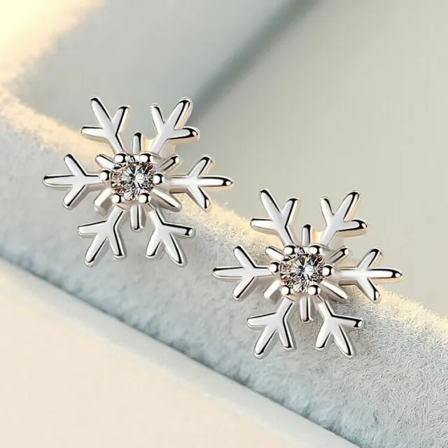 Womens Girl Snowflake Stone Stud Earrings 925 Sterling Silver Jewellery Gift