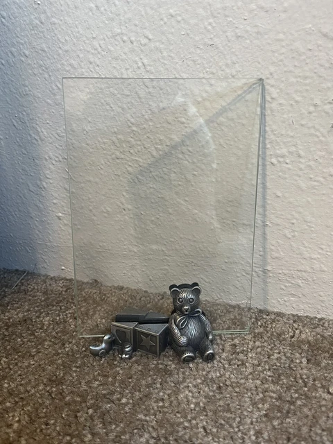 Vintage Metal Pewter and Glass Baby Picture Frame 3D Teddy Bear Blocks Toy Duck