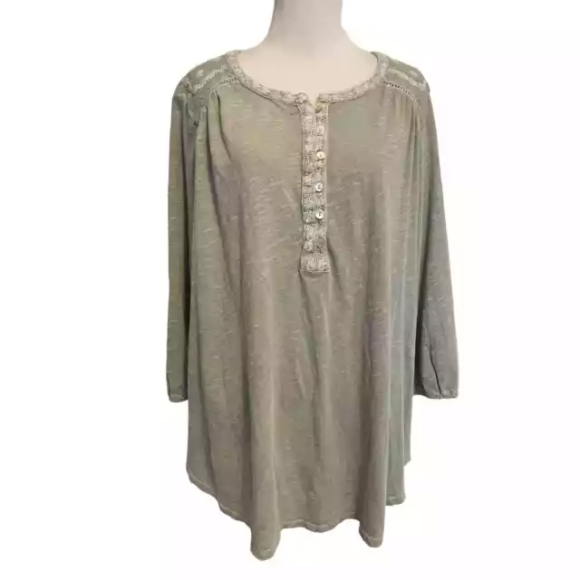 Lucky Brand Embroidered Knit Top Womens Size 3X Sage Green Boho Peasant Tee