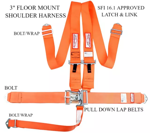 Orange Sfi 16.1 Latch & Link 5 Point Racing Harness Seat Belt Floor Mount