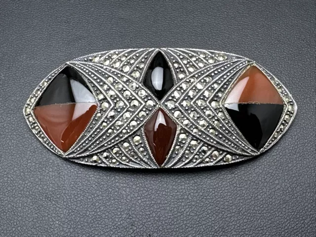 Judith Jack Sterling Silver Marcasite Carnelian Brooch Pin Art Deco 3" Long