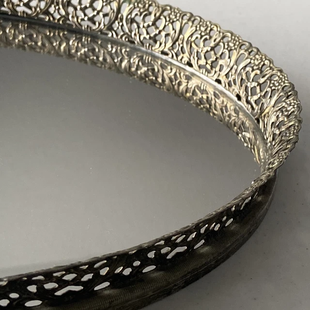 VINTAGE GLASS MIRROR Vanity Tray Ornate Rail Perfume Oval Dresser 18.