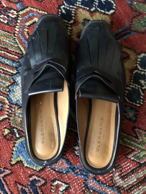 Robert Clergerie Yumi Fringed Leather Loafer Black Slip On Mules Sz 37.5 7 3