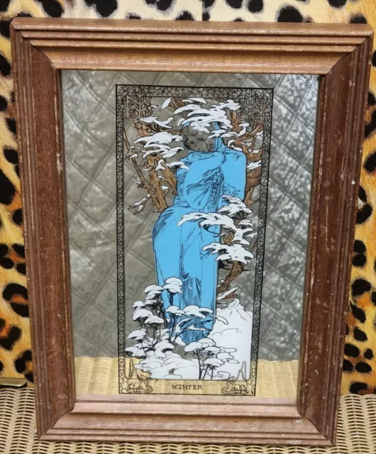 Vintage Art Nouveau Style Alphonse Mucha Winter Framed Mirror Collectable Rare