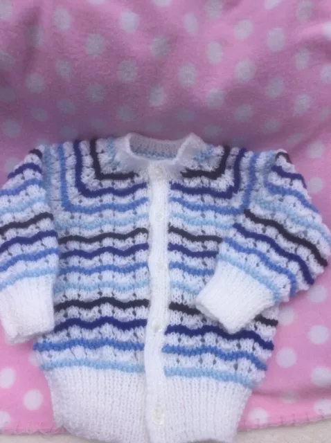 Brand New Hand Knitted Baby Cardigan Navy /Royal/Blue /white Size 3-6 Months 18"