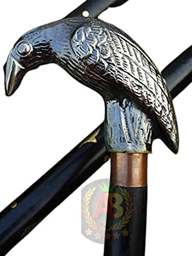 Antique Solid Brass Raven Head Handle Style Walking Stick Wooden Cane