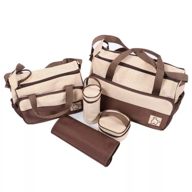 5pcs Baby Diaper Nappy Changing Bag Set Mommy Handbag Mat & Bottle Holder Brown