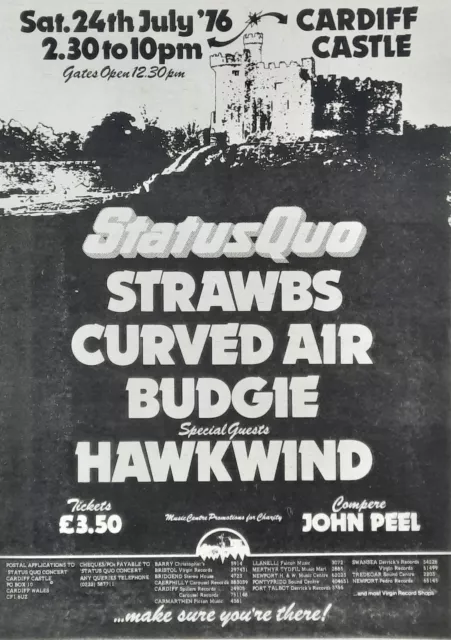 +++ 1976 STATUS QUO  / HAWKWIND Poster/Press Ad Concert "Cardiff Castle"