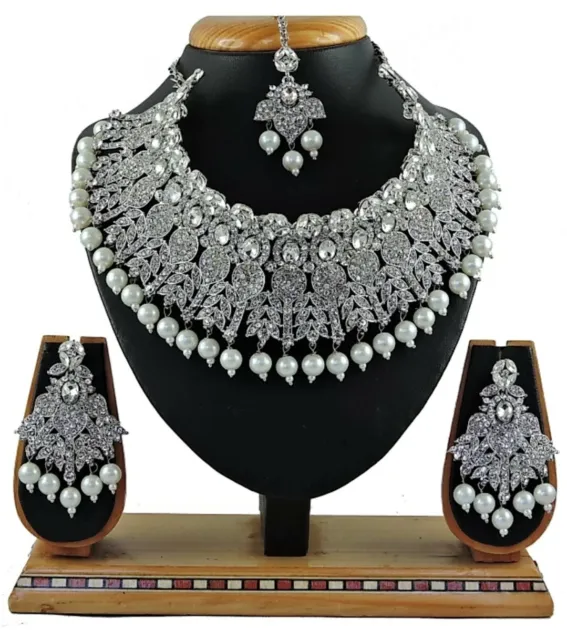 Indian Bollywood Style White Pearl Silver Plated Fashion Bridal Diamond Necklace