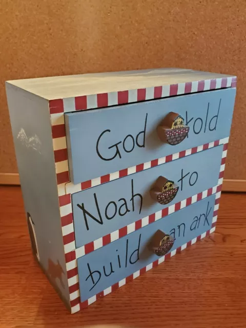 Vintage Wood Painted Noah's Ark Mini Chest of 3 Drawers Trinket Box. CUTE!!