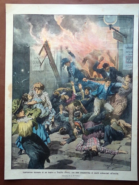 Retrocopertina Domenica Corriere nr. 10 del 1910 Incendio Teatro Trujillo Perù
