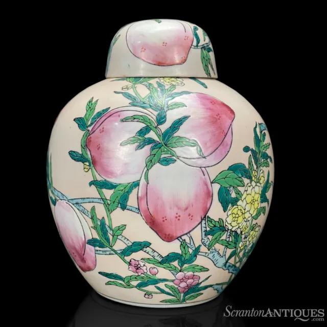 Vintage Chinese Porcelain Nine Peach Tree Motif Enamel Ginger Jar Urn w/ Lid