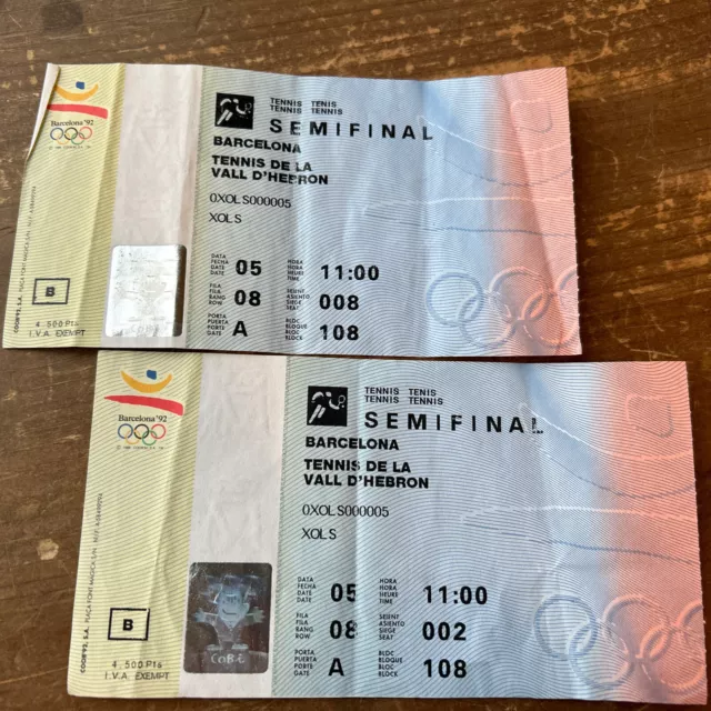 (2) Talones de entradas para semifinales de tenis de los Juegos Olímpicos de Barcelona 1992 8/5/1992