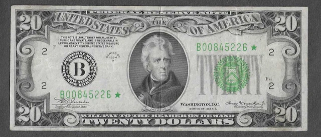 FR 2055-B* STAR $20 New York Series of 1934A Green Seal Federal Reserve Note