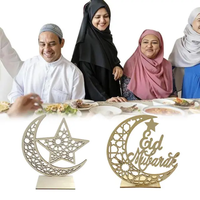 Ramadan Wooden Eid Mubarak Decoration LED Moon Islam Mosque Muslim Table Decor